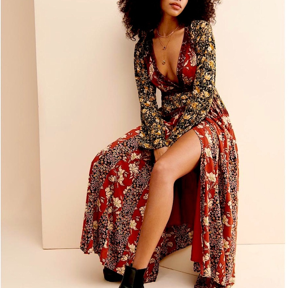 Free People Red Floral Maxi Dress with Mixed Print
